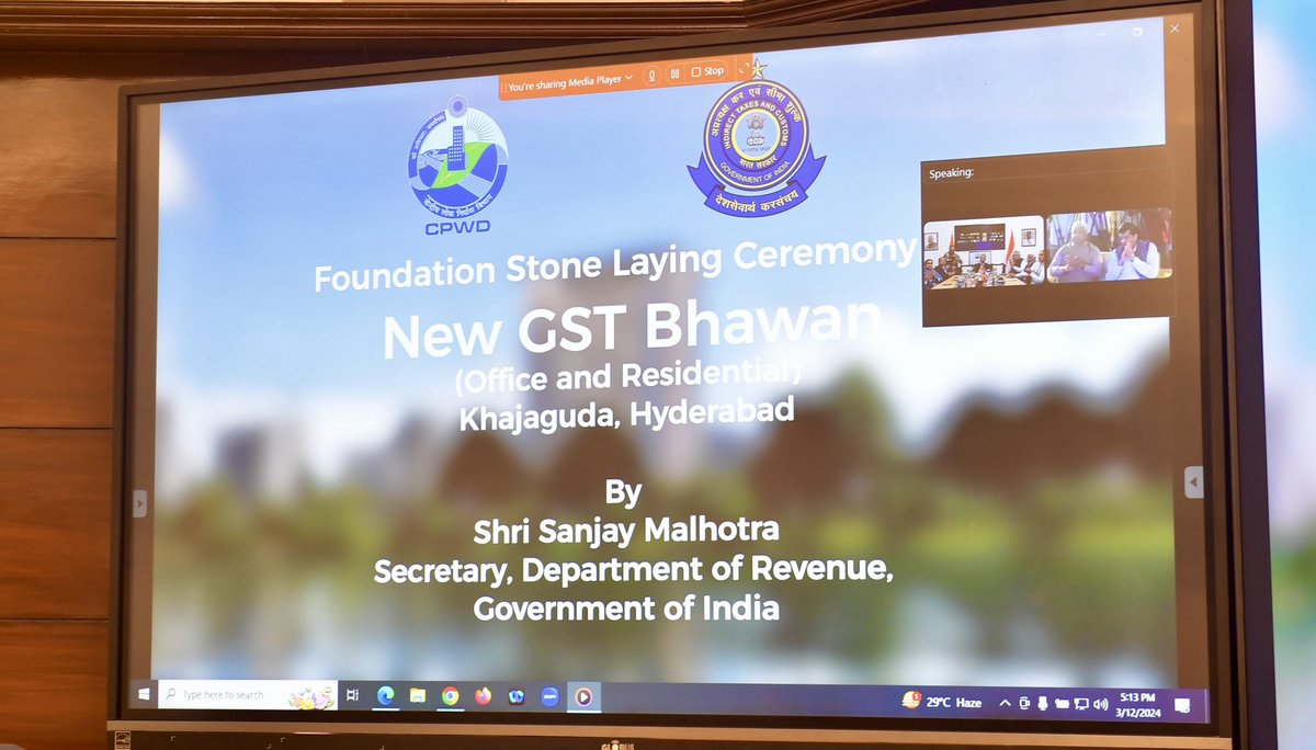 cbic_india's tweet photo. Revenue Secretary Sh. Sanjay Malhotra virtually laid the foundation stone for “New GST Bhavan and Residential Quarters, Hyderabad” today in presence of Members of the Board, DG, DGHRD(I&amp;W/EMC), Chief Commissioner @cgstcushyd and officers of CBIC and the zone. https://t.co/VyGtIc4UPv