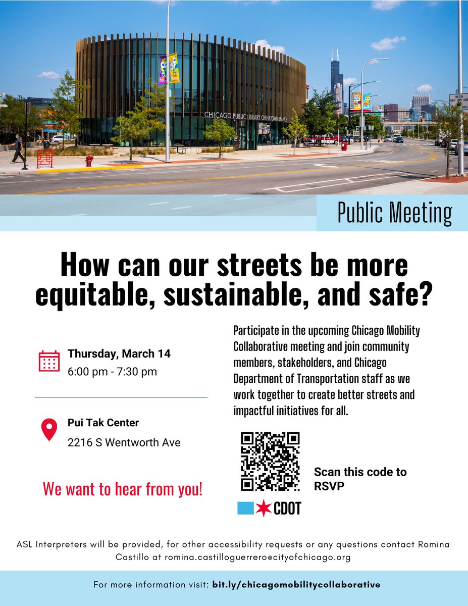 Reminder that the next Chicago Mobility Collaborative meeting is this Thursday in Chinatown! 📅Thursday, March 14 📍Pui Tak Center, 2216 S Wentworth Ave 🕖6:00 - 7:30 pm ✅RSVP here: cloud.citynews.chicago.gov/march-registra…