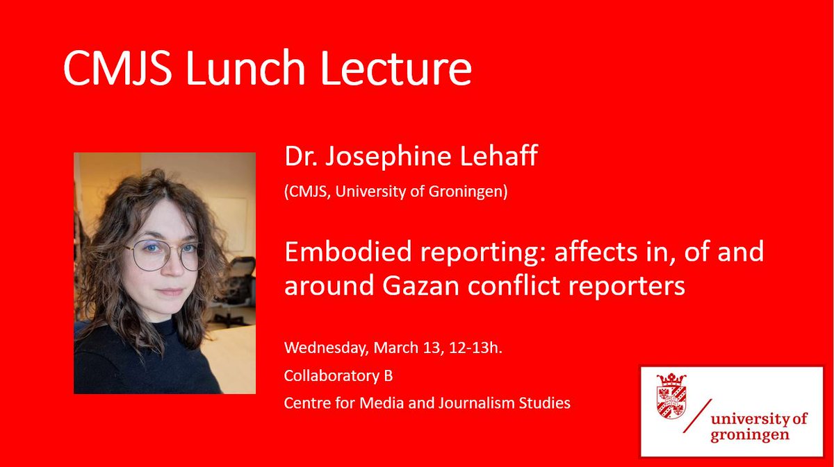 In our next @univgroningen CMJS lecture, @JosephineLehaff will discuss the work and reception of Gazan journalists. She'll focus on expectations about affects and embodiment and the conditions under which individuals are interpellated with “journalistic” or “activist” identities