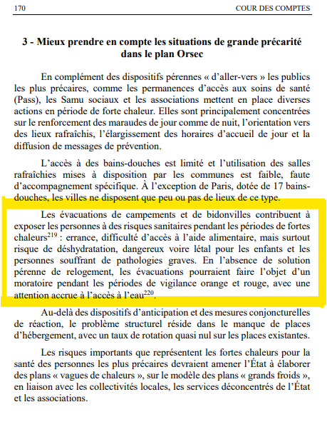 MdM_France's tweet photo. La @Courdescomptes reconnait que les #expulsions des lieux de vie informels exposent les personnes à des risques sanitaires en période de forte chaleur, suggère un moratoire &amp; une attention sur l’accès à l’eau. 

@ChristopheBechu @dihal_gouv @guillaumekasba
C’est indispensable. https://t.co/8QXIjDM14m