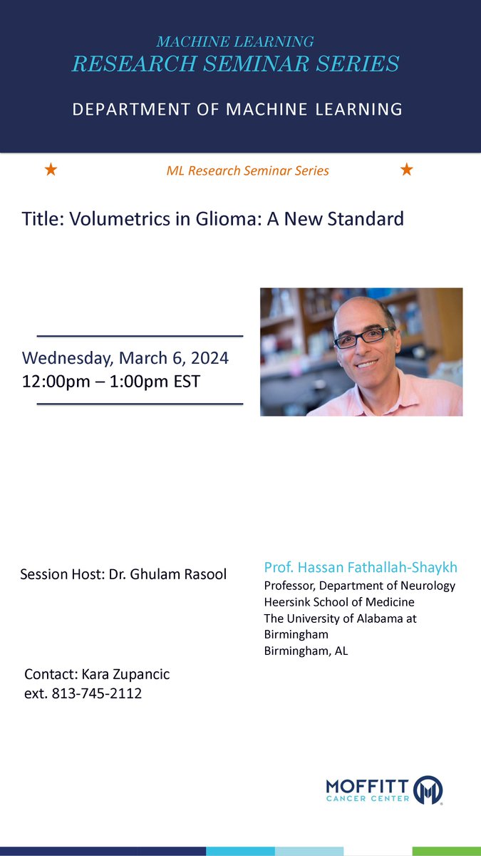 On March 6, 2024. Dr. Hassan Fathallah-Shaykh (Professor, Department of Neurology, Heersink School of Medicine, The University of Alabama at Birmingham), spoke on “Volumetrics in Glioma: A New Standard” for the ML Research Seminar. moffitt.hosted.panopto.com/Panopto/Pages/…