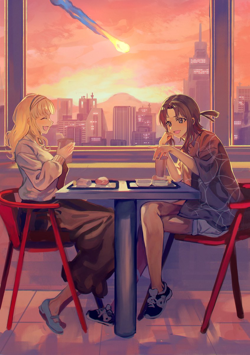multiple girls 2girls sitting cup skirt table blonde hair  illustration images