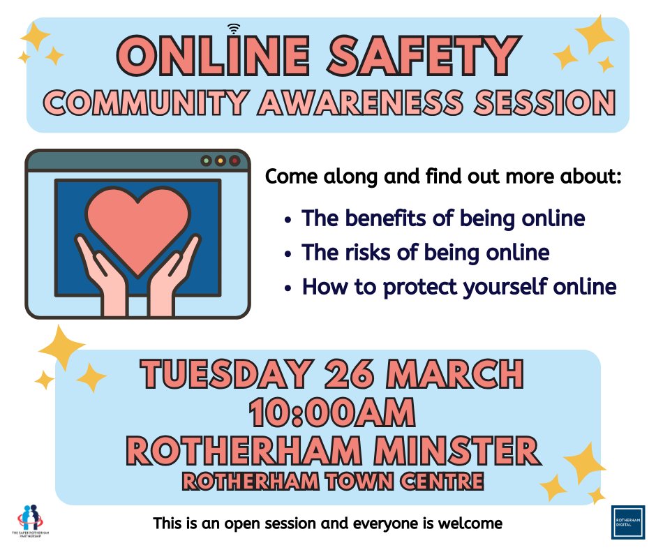Join us on Tuesday 26th March at Rotherham Minster with Rotherham Digital Inclusion for our first Online Safety Awareness talk - this is an open session and everyone is welcome
#Rotherham
