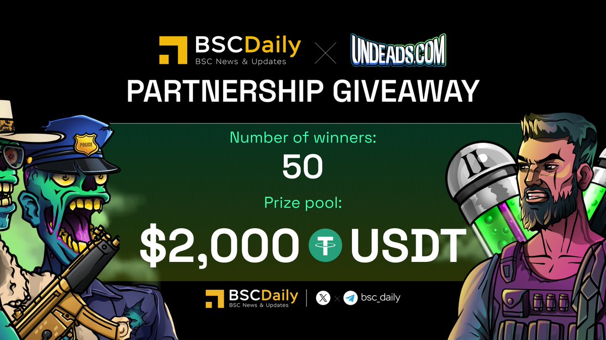 📣 PARTNERSHIP #GIVEAWAY EVENT - BSC Daily x UNDEADS GAME

🎁 Prizes: $2,000 #USDT for 50 winners ($40 each)

UNDEADS VIRAL #WEB3 GAME IS NOW LIVE 🔴🦠

💥 JOIN NOW: galxe.com/bscdaily/campa…

⌛️ End in 7 days

#Airdrop #Sponsored