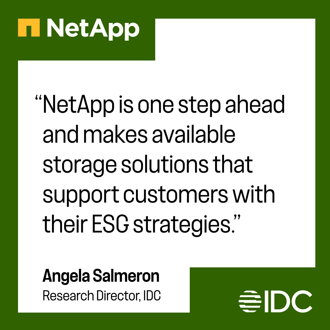 NetApp's tweet photo. Begin your sustainable storage journey with us. Enable data anywhere, anytime and without silos. Achieve high efficiencies, reduce costs, and meet sustainability goals. Start here: https://t.co/evdty26s4D

#ESG #DataManagement https://t.co/Qgngbppnkg