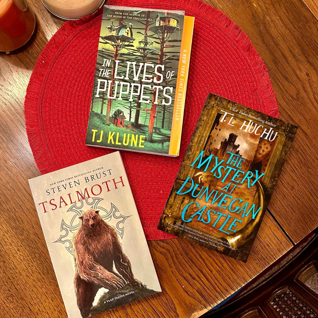 The Happiest of #BookBirthdays to #InTheLivesofPuppets in paperback by TJ Klune, #TheMysteryatDunveganCastle in paperback by @TendaiHuchu, and #Tsalmoth in paperback by @StevenBrust! Check them out anywhere books are sold today 📚