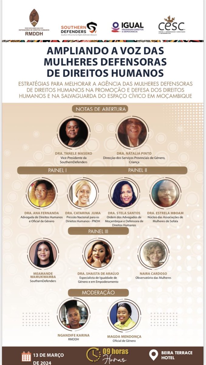 🔴 AMPLIFYING THE VOICE OF WOMEN HUMAN RIGHTS DEFENDERS: Strategies to improve the agency of women human rights defenders in the promotion and defense of human rights and safeguarding civic space in Mozambique 📍 VENUE: Beira Terrace Hotel 🗓 DATE: March 13, 2024 🕐 TIME: