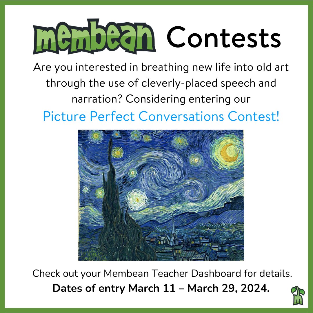 Need a fun activity to help you get through the month of March? Try our new Picture Perfect Conversations Contest. Entry Window is now open! Check out your teacher dashboard for more details on how to participate. 

#membean #membeancontests #thatsamembeanword