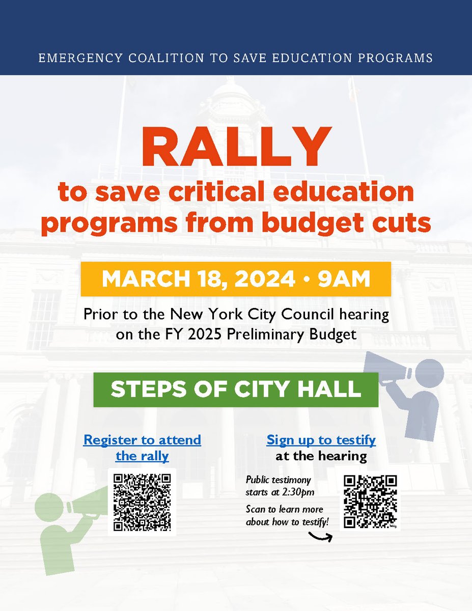 📢 Join AFC & the Emergency Coalition to Save Education Programs on the steps of City Hall before Monday's education budget hearing! Critical programs & services our students can’t afford to lose are on the chopping block as soon as July. Register: forms.office.com/r/igasB2K3bJ