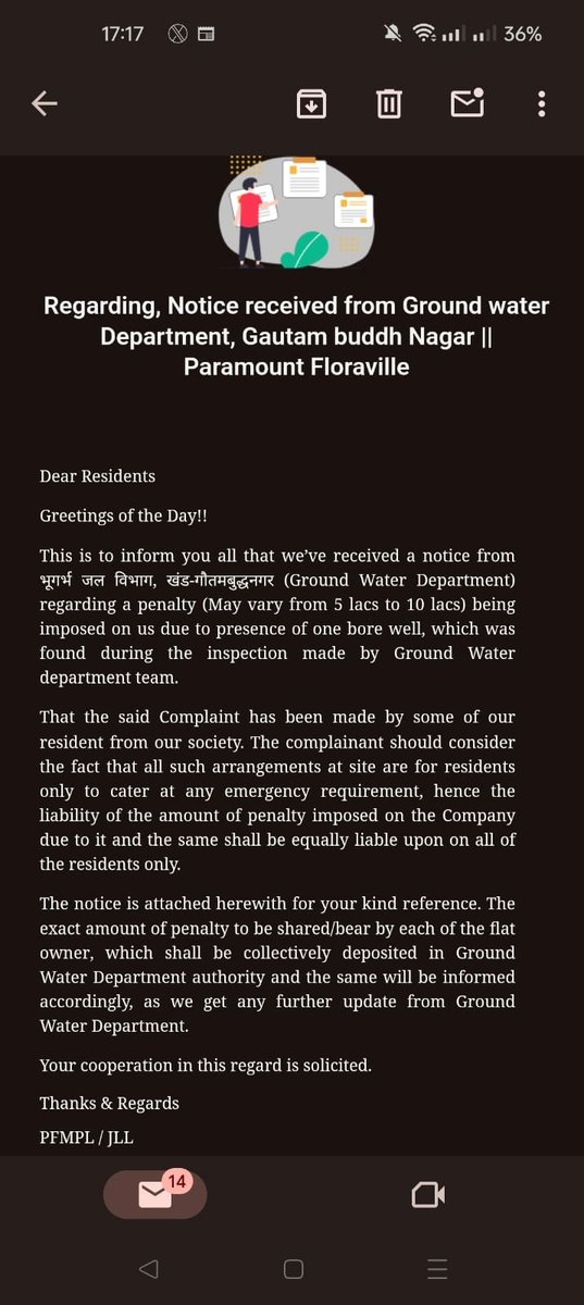 jagohindustan's tweet photo. @CeoNoida Pls see the attached notice to recover the penalty amt from the residents, what is your take on this?
Matter is between @noida_authority &amp; builder, pls sort it out among yourselves. Forcible recovery from residents is tantamount to extortion. @noidapolice @JLL @JLLIndia https://t.co/CedX74g2XK