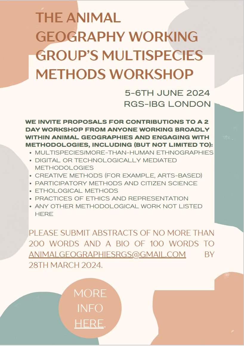 Call for Papers: Multispecies Methods Workshop at the @RGS_IBG on 5-6 June 2025. We're very excited to invite papers for our first workshop, all about methods! More info: rgsanimalgeographies.uk/the-blog/gmp6y…