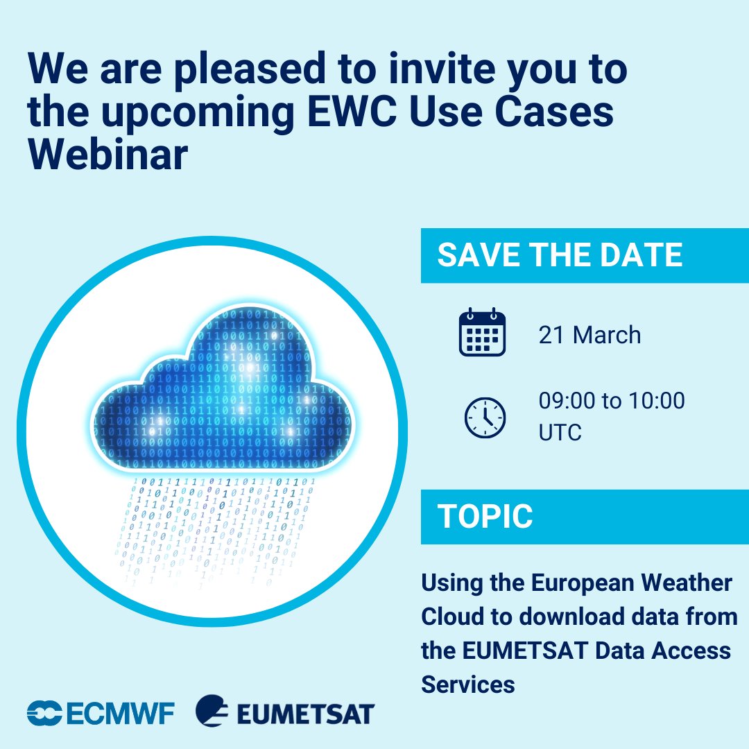 The next #EuropeanWeatherCloud webinar will take place on 21 March 2024, a cooperation between @eumetsat & @ECMWF. We’ll focus on using its different capabilities and the skills needed to navigate our Data Access Services 🛰️. More info and registration ➡️ events.ecmwf.int/event/379/