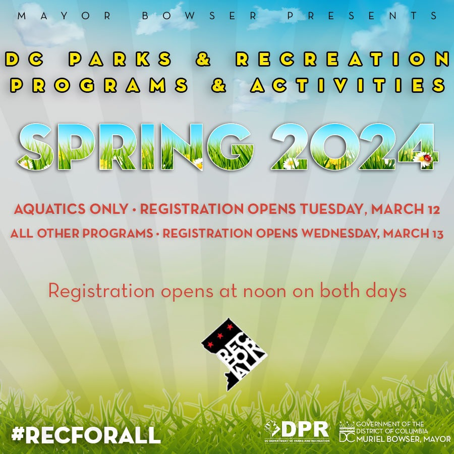 MayorBowser's tweet photo. Registration for @DCDPR spring programming opens soon!

🏊Today at 12PM for all aquatic programs
⚽️Tomorrow at 12PM for all other programs

From senior aquatics to Zumba, there are so many great options for residents of all ages to get involved this spring. #RecforALL https://t.co/NoFTVTCkGM