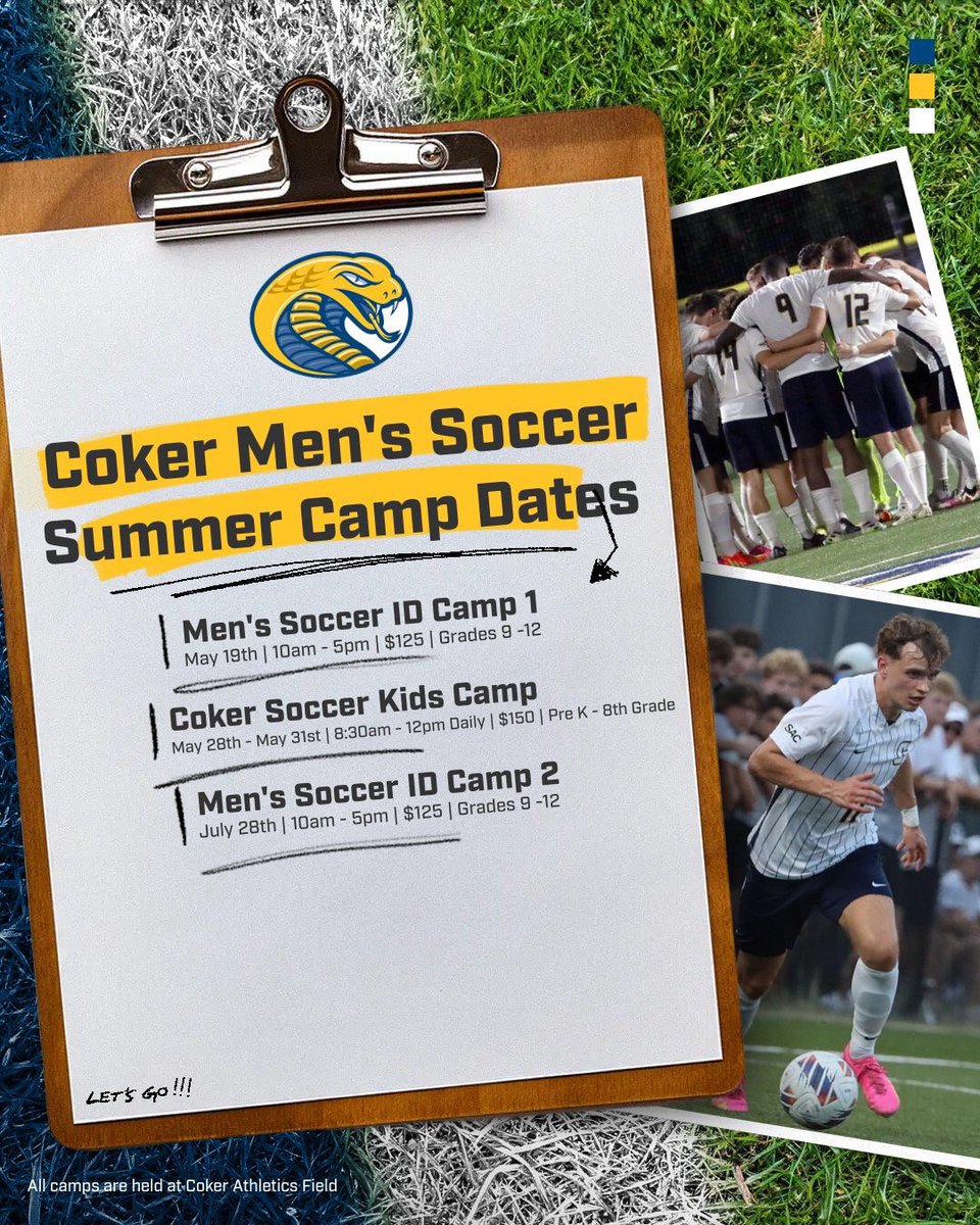 Coker Men’s Soccer is excited to announce our 2024 summer camp dates for all ages! Registration can be found in the link below!⚽️🐍
#GoCobras

cokercobras.com/camps/index