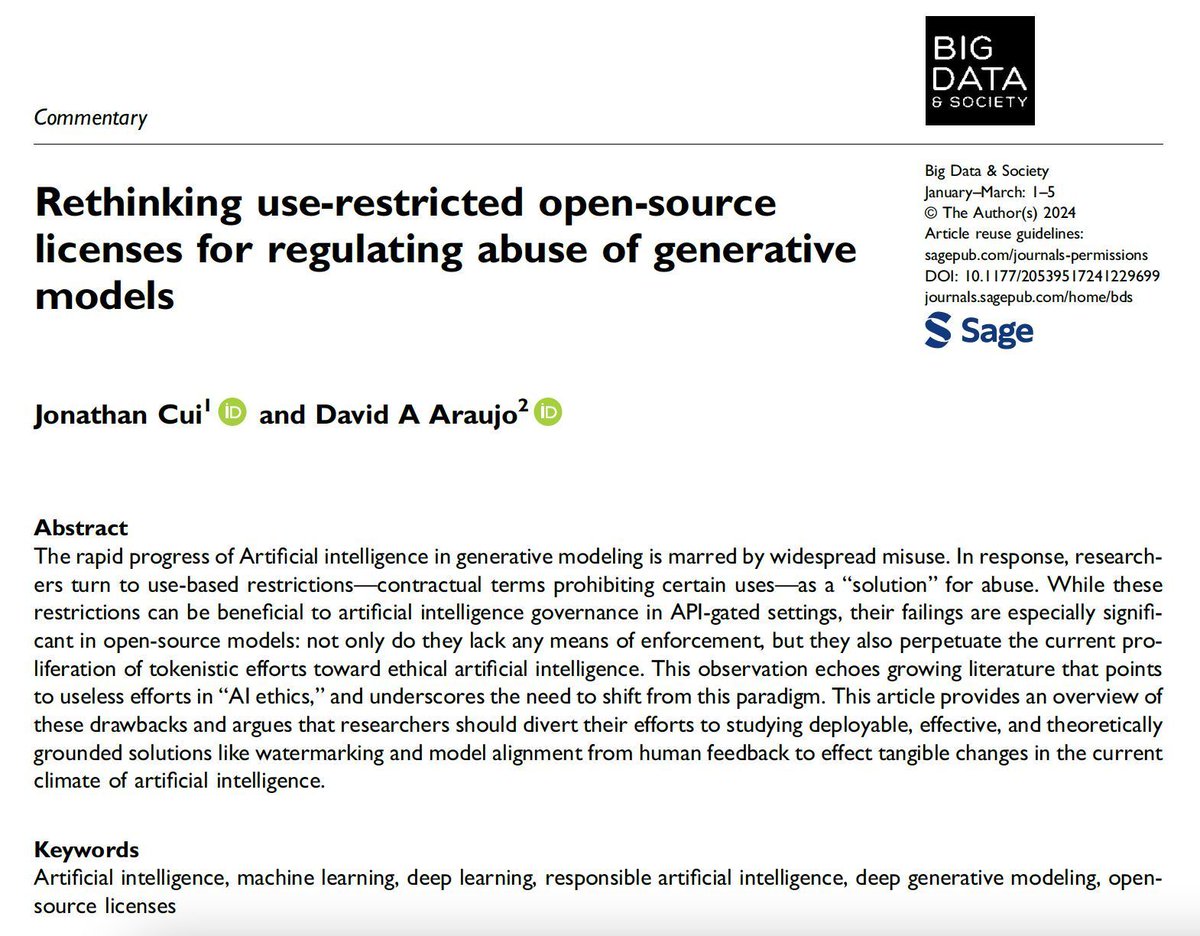 BigDataSoc's tweet photo. New pub🚨Jonathan Cui and David A Araujo comment on the limitations of current #ethical_AI frameworks and propose alternatives: Rethinking use-restricted open-source licenses for regulating abuse of generative models: https://t.co/OKoEOAFYg3 #AI #generativeAI #responsibleIAI https://t.co/zlMD62KVOC