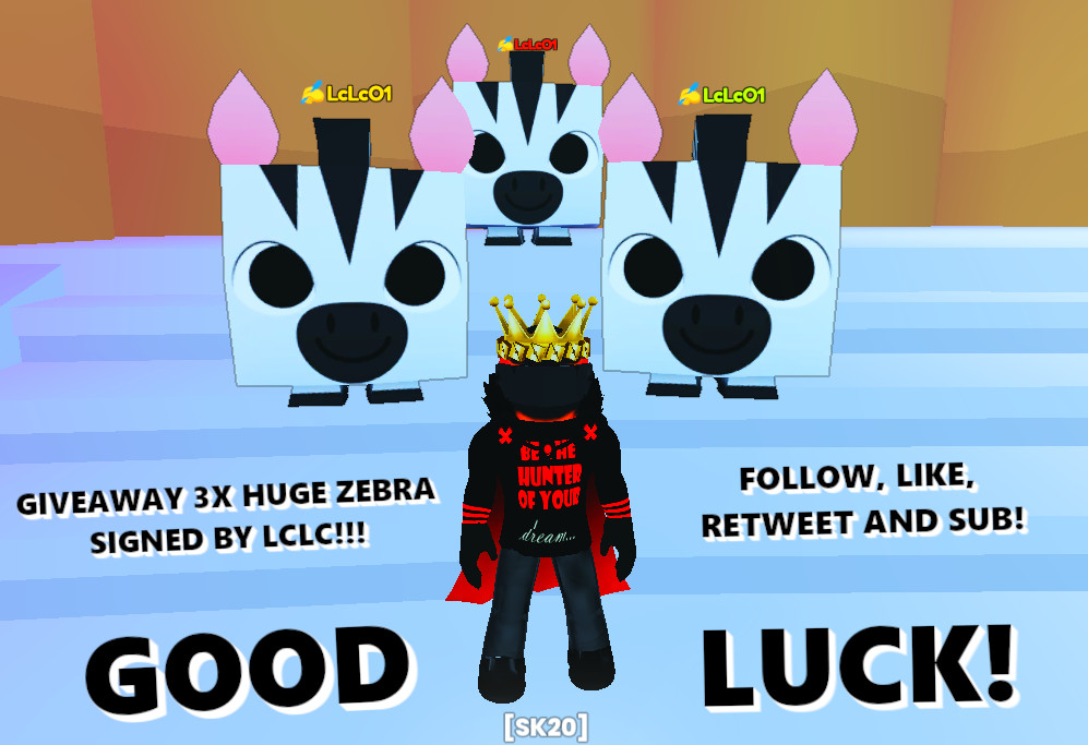 GiveAway: 3X HUGE ZEBRA SIGNED BY <a href="/SubToLcLc/">LcLc</a>

➡️Follow, Like and Retweet
➡️Comment Username
➡️Sub: youtube.com/@sparkleking20

GiveAway ends Saturday March 16th 2024

3 Random winners will be selected through twitterpicker.

Good Luck!🍀

#PetSimulator99  #ROBLOX #Giveaway