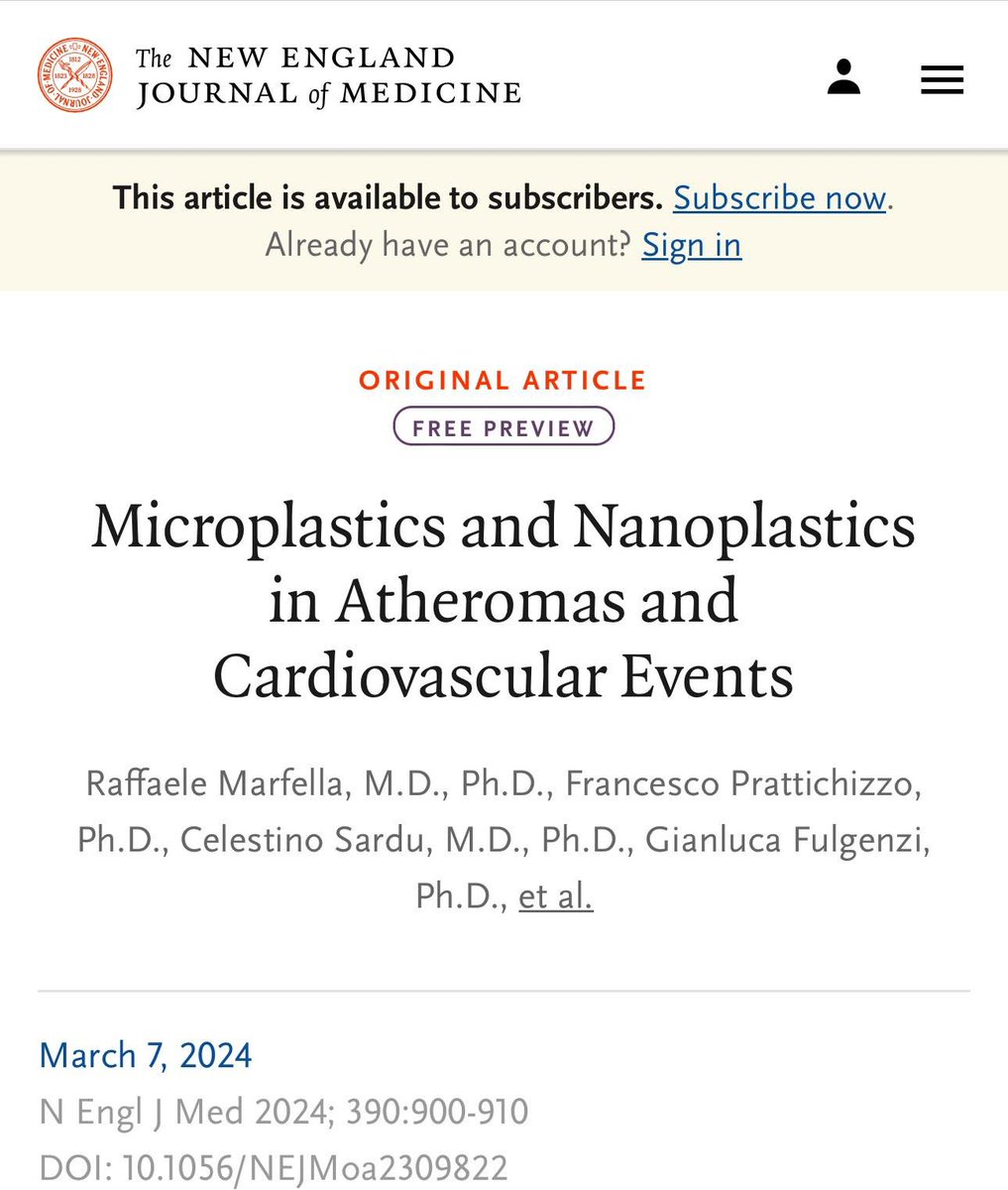 🧵Did we just identify a MAJOR novel risk factor for cardiovascular disease?

➡️Patients in whom Microplastic and Nanoplastic (MNP) were detected within atheroma had 4-Fold increase in composite (MI, stroke, or death) endpoint. 

      HR: 4.53 (CI: 2.00-10.27, p&lt;0.0001)