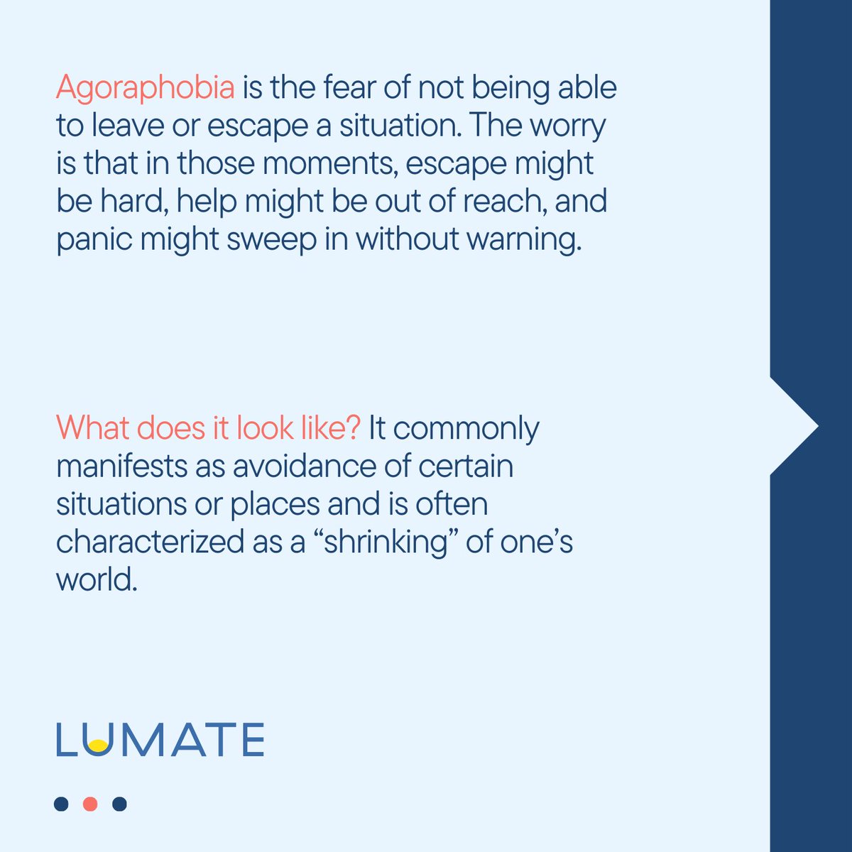 lumatehealth's tweet image. Let&apos;s learn more about Agoraphobia and what it can look like in teens and young adults.

Lumate is here to treat Agoraphobia and other related disorders to help you #LiveBravely. Learn more at go.lumatehealth.com/3OQWyab

#Agoraphobia #CBT #Telehealth #UMatter #MentalHealthAwareness