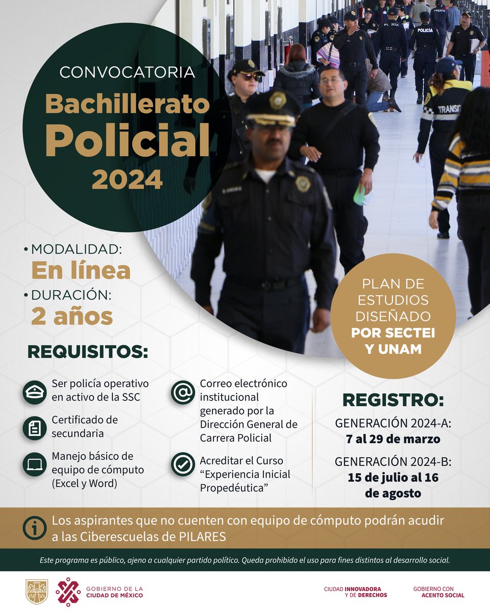 ¡Atención, policías! 👮🏽‍♂️👮🏽‍♀️

Si eres elemento en activo de <a href="/SSC_CDMX/">SSC CDMX</a> y deseas realizar tus estudios de nivel medio superior, regístrate al Bachillerato Policial 2024. 👩🏽‍🎓 Solo deberás dedicar 24 horas de estudio por semana para recibir acompañamiento personalizado vía online. 💻🖱️