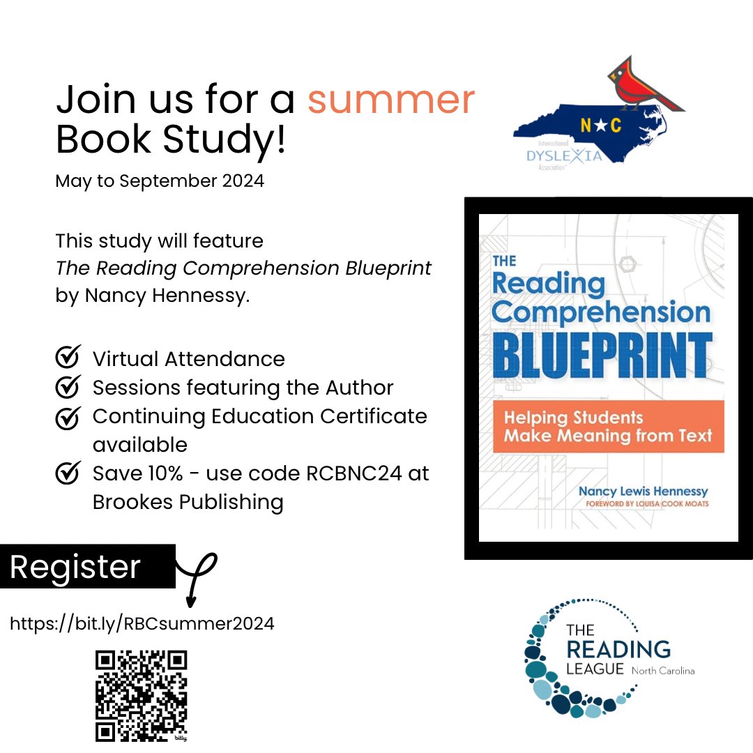 The Reading League North Carolina (@readingleaguenc) on Twitter photo We are THRILLED to announce our summer book study of The Reading Comprehension Blueprint, in partnership with <a href="/IDA_NorCar/">IDA_NorCar</a>!
Nancy Hennessy will be joining us for our kickoff session & help us close out the book study. Let’s dive into comprehension instruction together! We are THRILLED to announce our summer book study of The Reading Comprehension Blueprint, in partnership with <a href="/IDA_NorCar/">IDA_NorCar</a>!
Nancy Hennessy will be joining us for our kickoff session & help us close out the book study. Let’s dive into comprehension instruction together!