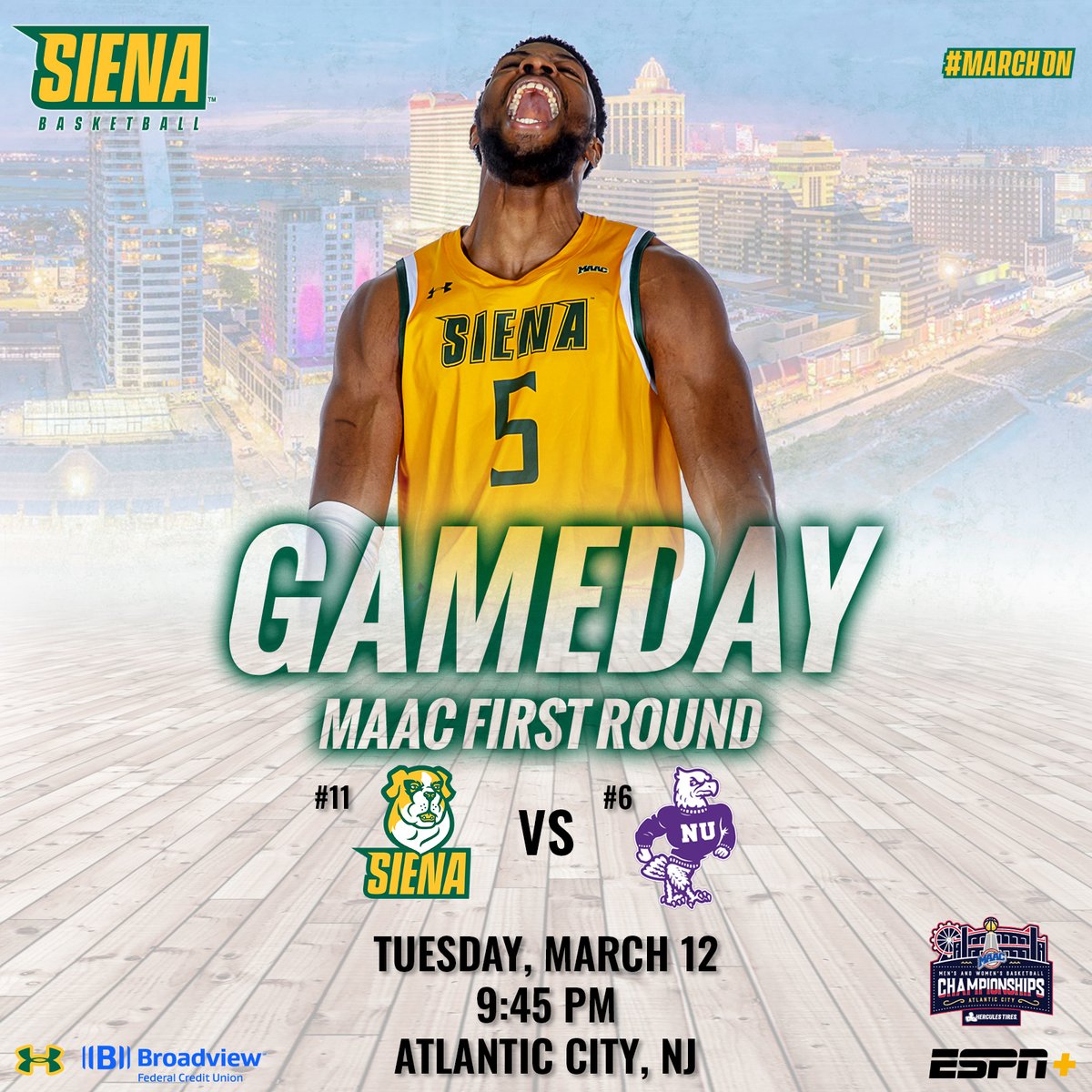 Siena Saints (@sienasaints) on Twitter photo ππ The quest starts tonight
<a href="/SienaMBB/">Siena Basketball</a> π <a href="/NiagaraMBB/">Niagara Basketball</a>
<a href="/HerculesTires/">Hercules Tires</a> #maAChoops24 First Round
β° 9β£:4β£5β£ PM
π Atlantic City, NJ
ποΈ <a href="/BoardwalkHall/">Jim Whelan Boardwalk Hall</a>
ποΈ t.ly/ewgIb
πΊ <a href="/ESPNPlus/">ESPN+</a>
π» <a href="/JAMZ963/">Jamz 96.3</a>
ππ maacsports.com/basketball
π° t.ly/5iJW2
#MarchOn x ππ The quest starts tonight
<a href="/SienaMBB/">Siena Basketball</a> π <a href="/NiagaraMBB/">Niagara Basketball</a>
<a href="/HerculesTires/">Hercules Tires</a> #maAChoops24 First Round
β° 9β£:4β£5β£ PM
π Atlantic City, NJ
ποΈ <a href="/BoardwalkHall/">Jim Whelan Boardwalk Hall</a>
ποΈ t.ly/ewgIb
πΊ <a href="/ESPNPlus/">ESPN+</a>
π» <a href="/JAMZ963/">Jamz 96.3</a>
ππ maacsports.com/basketball
π° t.ly/5iJW2
#MarchOn x