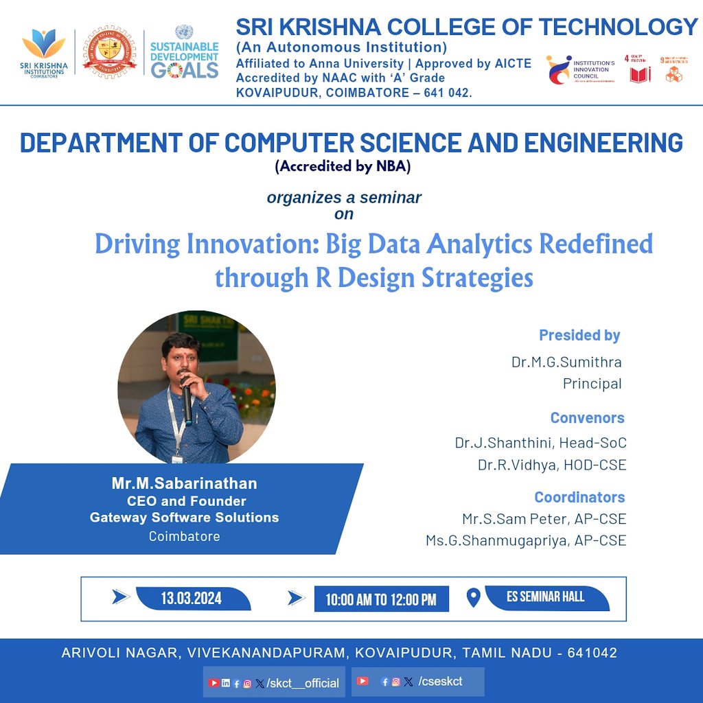 skct_cse's tweet photo. The Department of CSE in association with IIC organizes a seminar on the topic "Driving Innovation : Big Data Analytics Redefined through R Design Strategies" on 13/3/24
@AICTE_INDIA @ugc_india @CseSkct @PMOIndia @mhrd_innovation https://t.co/B9zlGmq2qk