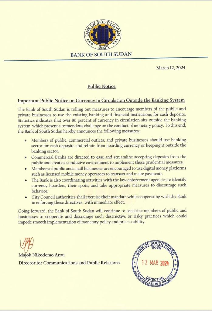 Bank of #southsudan has initiated a collaboration with law enforcement agencies to identify currency hoarders, pinpoint their locations, &amp; take actions to deter them from the practice. This follows concerns of 80%  excessive currency circulating outside the banking system. #SSOT