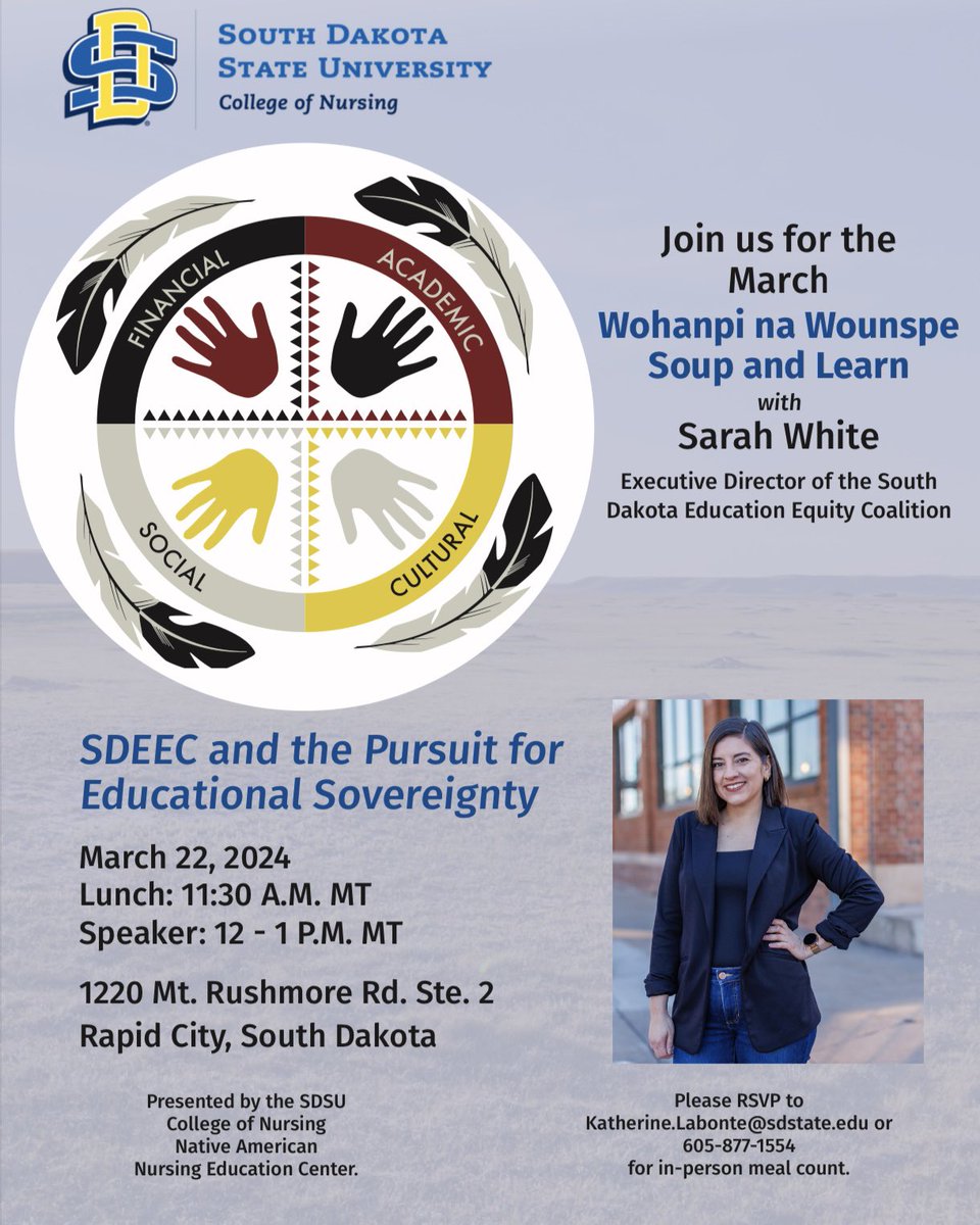 SD Education Equity Coalition (@sdeec_) on Twitter photo Got plans for Friday, March 22?
Join Sarah while she represents SDEEC at SDSU! She’ll discuss our pursuit for education sovereignty!
Discover how we are paving the way for inclusive and equitable education in our community.
Don’t forget to RSVP: Katherine.Labonte@sdstate.edu Got plans for Friday, March 22?
Join Sarah while she represents SDEEC at SDSU! She’ll discuss our pursuit for education sovereignty!
Discover how we are paving the way for inclusive and equitable education in our community.
Don’t forget to RSVP: Katherine.Labonte@sdstate.edu