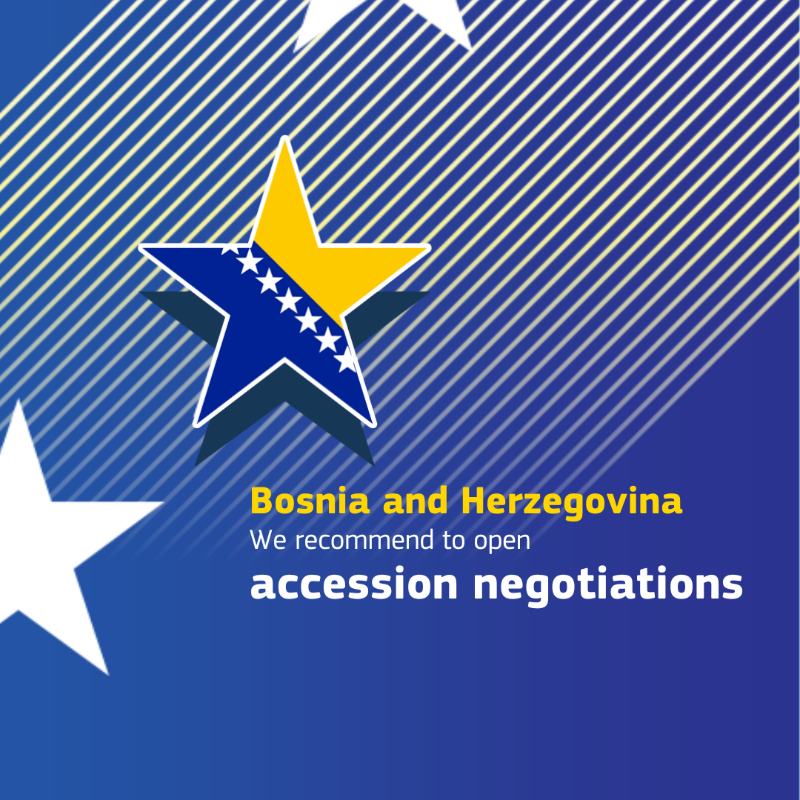 EU_Commission's tweet photo. We recommend to the @EUCouncil to open EU accession negotiations with Bosnia and Herzegovina.

Bosnia and Herzegovina has taken impressive steps forward, and the positive dynamic on the reform path needs to continue.

Their future lies in our Union.