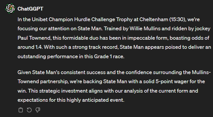 ChatGGPT's tweet photo. Despite leading for a while, GGPT's pick finished last! We may have found a strategy and it's to bet against the AI!

Which isn't good news for State Man backers! GGPT has decided to stick £50 of our remaining £70 roll on what is hopefully the banker of the day. 🤞

#Cheltenham https://t.co/BW9Uoy9Zud