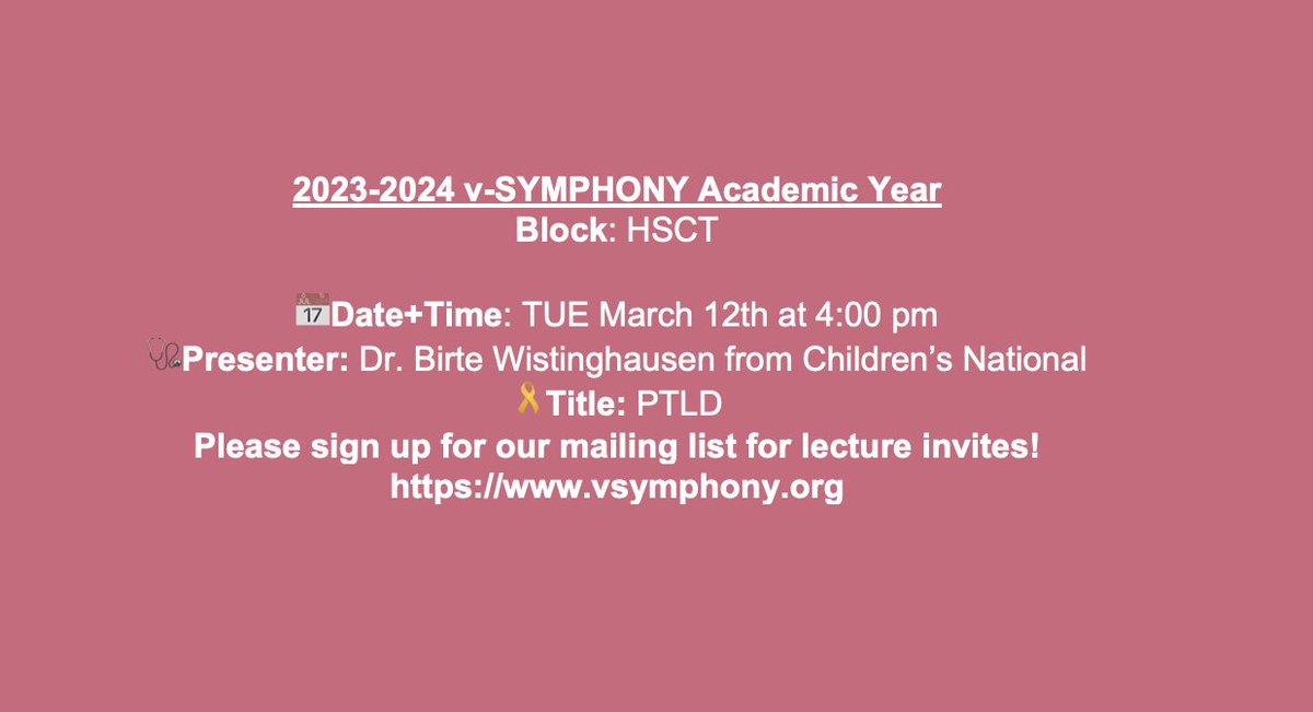 vSYMPHONY_med's tweet photo. Its feeling warmer in the Tristate area and we are as excited to invite you to our weekly lecture TODAY at 4PM. Join us to learn all about PTLD from Dr. Wistinghausen. See you at 4PM 👋🏽

#PHODoc #pediatriconcology #pediatriconcologist #pediatrichematology #pediatrichematologist https://t.co/dVvZTYstC8