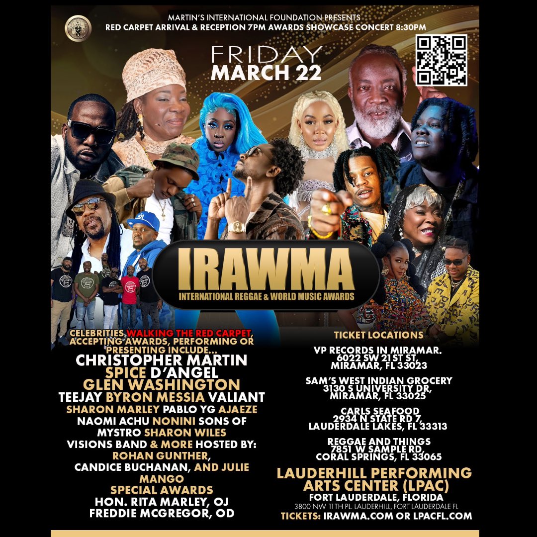 Get tickets to 41st IRAWMA IRAWMA.com or sponsor locations in #FortLaurderdale #Miramar #CoralSprings Big reggae event on Friday, March 22! ⏰ 7PM Red Carpet, 8:30PM Awards 📍Lauderhill Performing Arts Center (LPAC) 🏷️$60 Standard, $100 VIP, $150 VVIP #IRAWMA