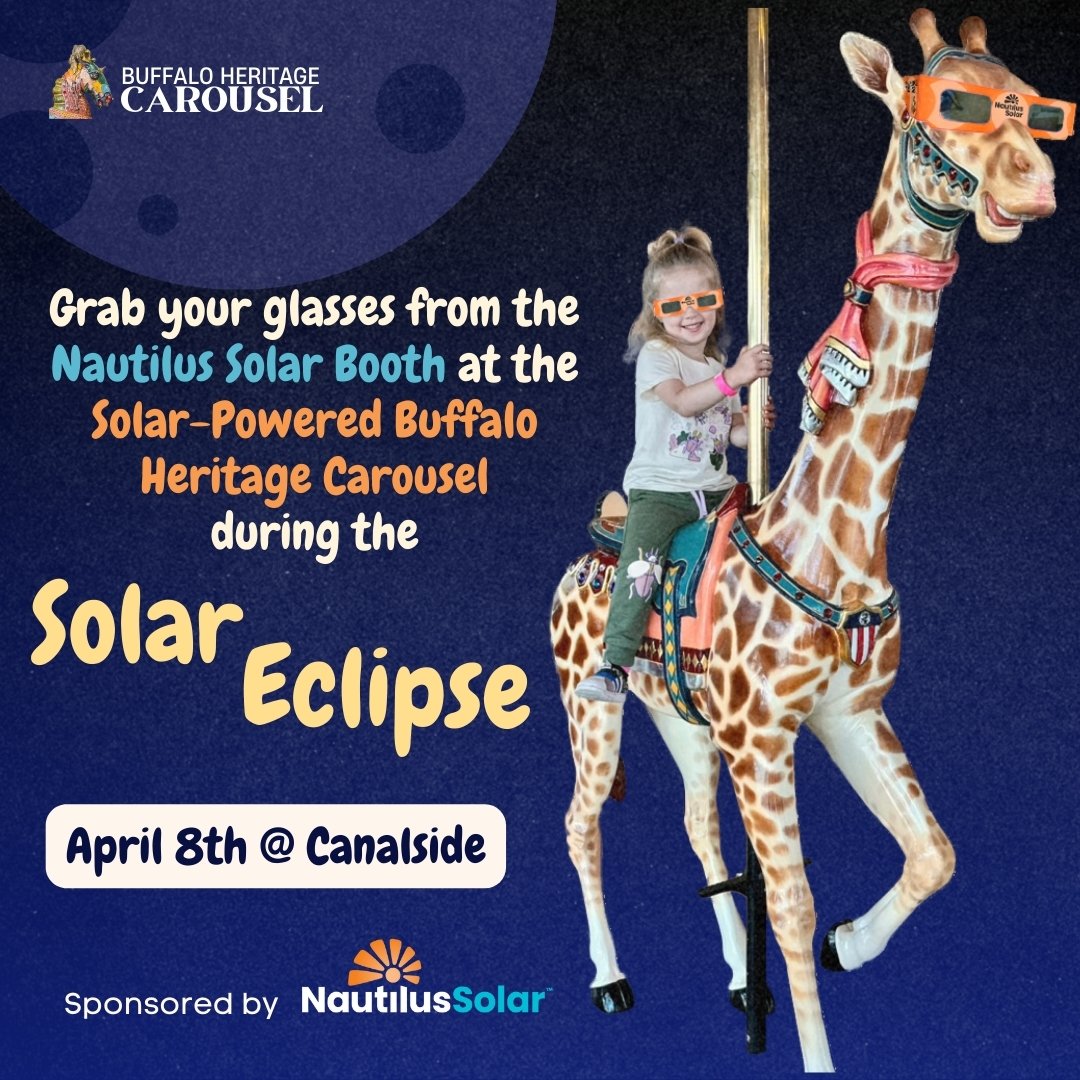 BuffaloCarousel's tweet image. Glide through history at the Solar-Powered Buffalo Heritage Carousel! Experience the wonder on April 8th as we celebrate carousel magic during the rare Solar Eclipse. Thank you @NautilusSolar; your support enables the Carousel to provide affordable rides for all.  #SolarEclipse