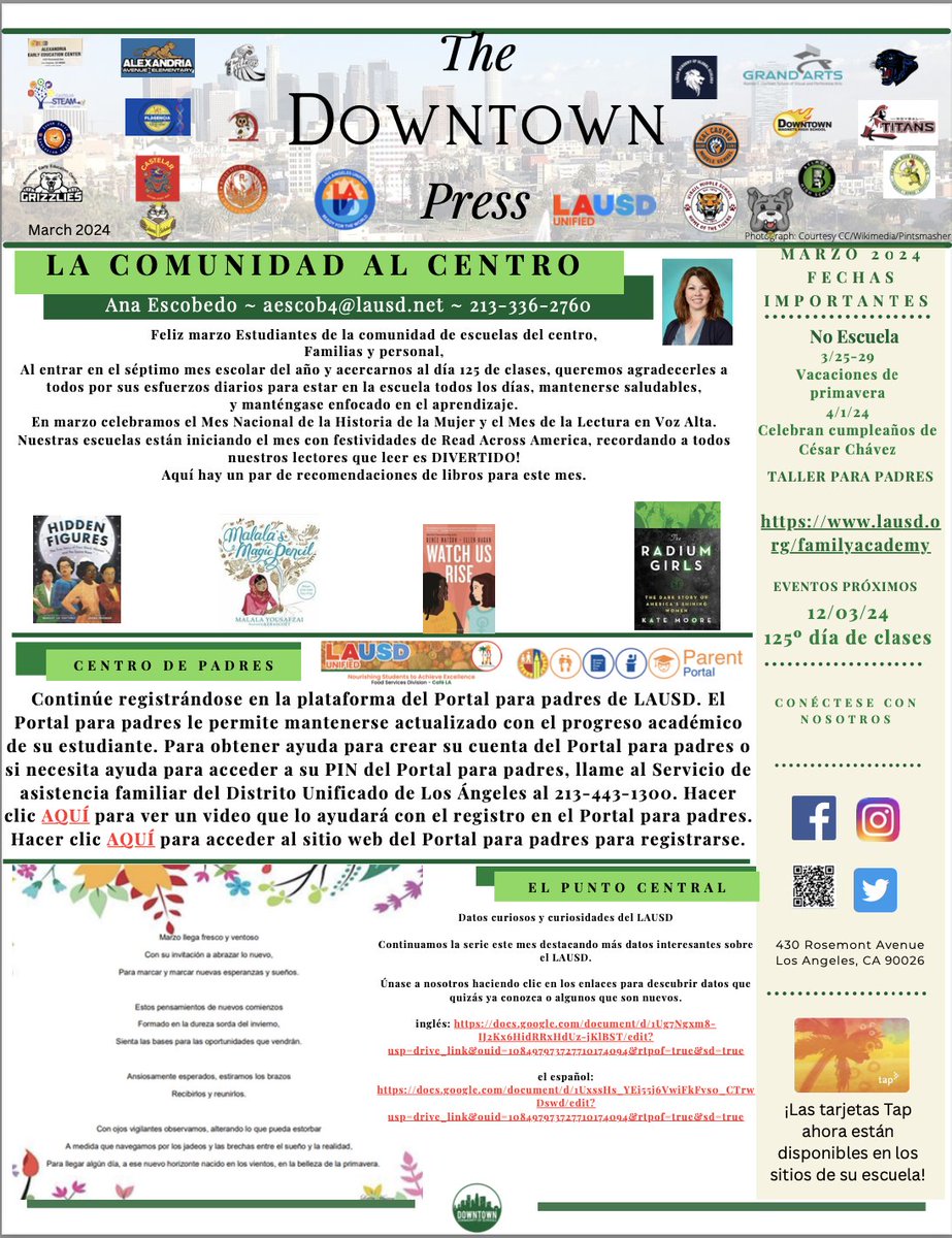 Our December 2023/January 2024 Downtown CoS Newsletter is now available at: / Nuestro boletín de Downtown CoS de diciembre de 2023 y enero 2024 ya está disponible en: sites.google.com/.../downtown..…