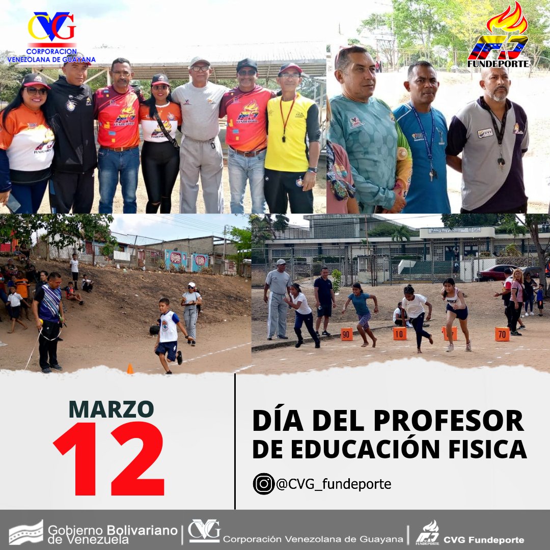 Hoy #12Mar celebramos el Día del Profesor de Educación Física, guías de la materia que para muchos niños, niñas, jóvenes y adultos es base fundamental de la masificación deportiva. En nombre de CVG Fundeporte felicitamos a esos hombres y mujeres de la Patria🇻🇪.
