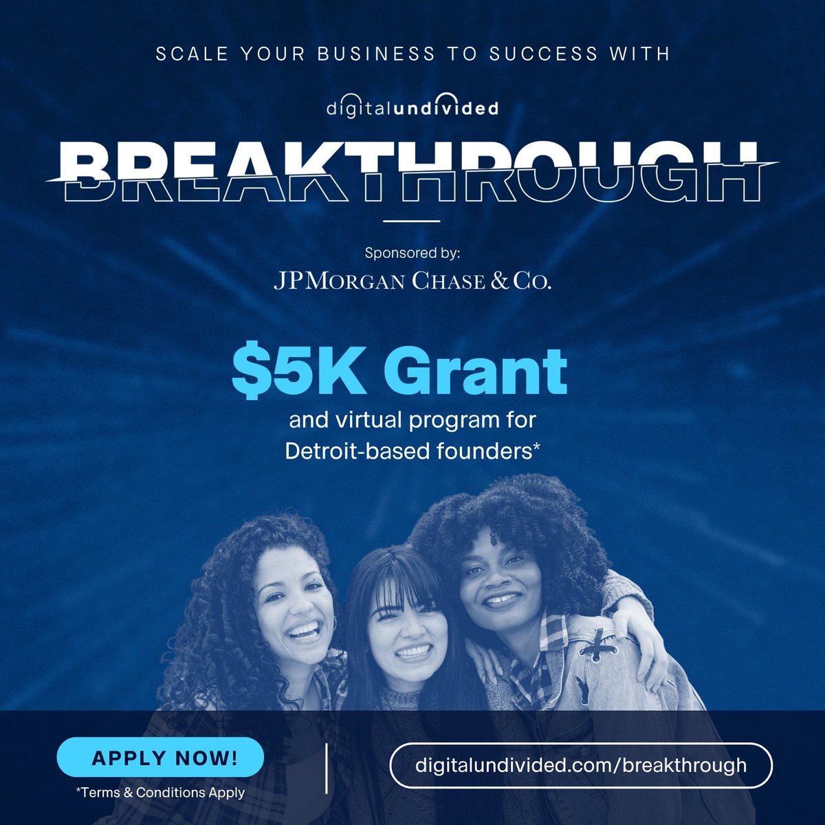 Detroit-based founders: apply for an opportunity to receive $5k in funding and accelerate your revenue past the 5-figure mark with @digundiv’s BREAKTHROUGH program sponsored by @jpmorgan. Apply here: digitalundivided.com/breakthrough