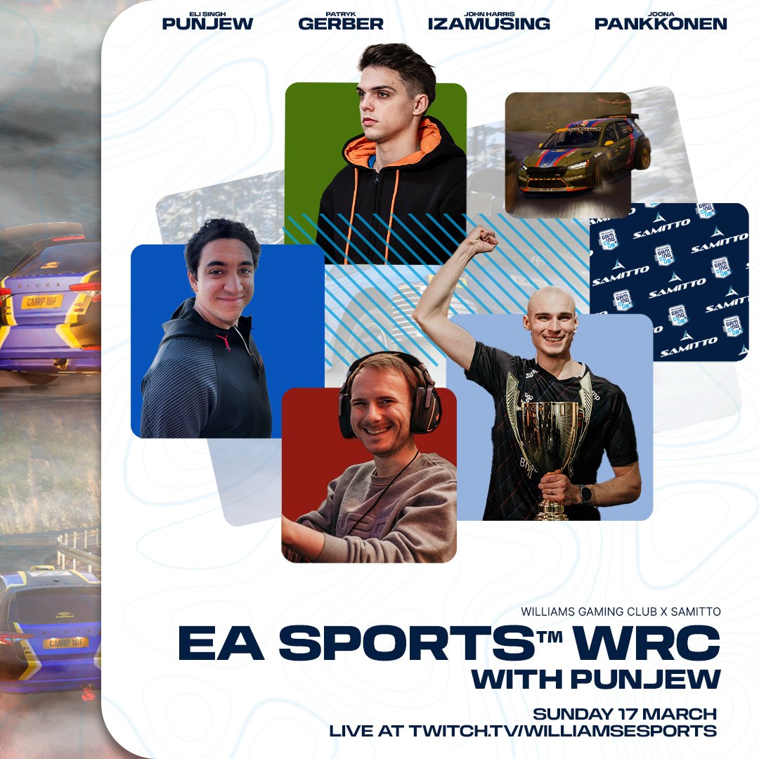 WGC will return to <a href="/EASPORTSWRC/">EA SPORTS WRC</a> with Samitto this Sunday! 🙌

Compete against <a href="/punjew/">punjew</a> and the top WRC drivers for a fun evening of rally on twitch.tv/williamsesports

Find out more in our community: discord.gg/williamsgaming… 

#WilliamsEsports #WeAreWilliams #WGC #SimRacing #WRC