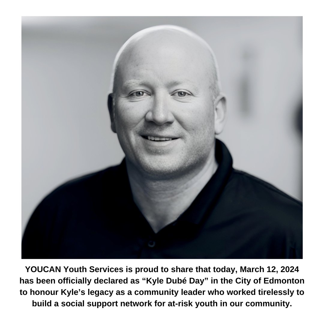 YOUCANEdmonton's tweet photo. Our organization is proud to share that today, March 12, 2024 has been officially declared as “ @KyleDube Day” in the @CityofEdmonton to honour Kyle’s legacy as a community leader who worked tirelessly to build a social support network for at-risk youth in our community. 1/8 #yeg https://t.co/LEfNiRXDxy