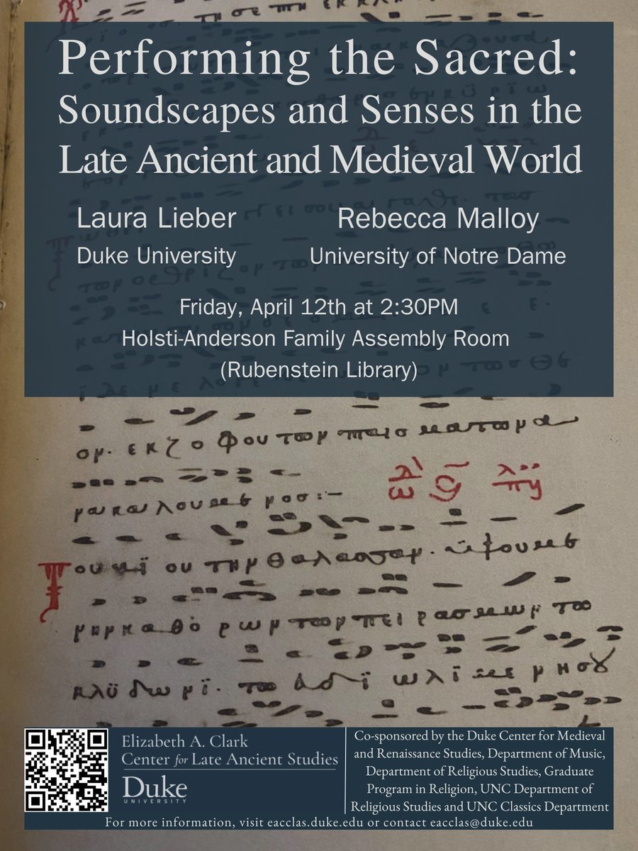 DukeUNCCLAS's tweet photo. Join us April 12th for "Performing the Sacred: Soundscapes and Senses in the Late Ancient and Medieval World," a symposium featuring Laura Lieber and Rebecca Malloy. See our website for more details (https://t.co/5FBvTj7BRz). https://t.co/J4M8ApnjFF