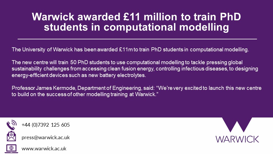 📰 PRESS RELEASE: Warwick awarded £11 million to train PhD students in computational modelling 🖥️ 👉warwick.ac.uk/newsandevents/… @uniofwarwick @EPSRC @UKRI_News @WarwickEngineer @jameskermode