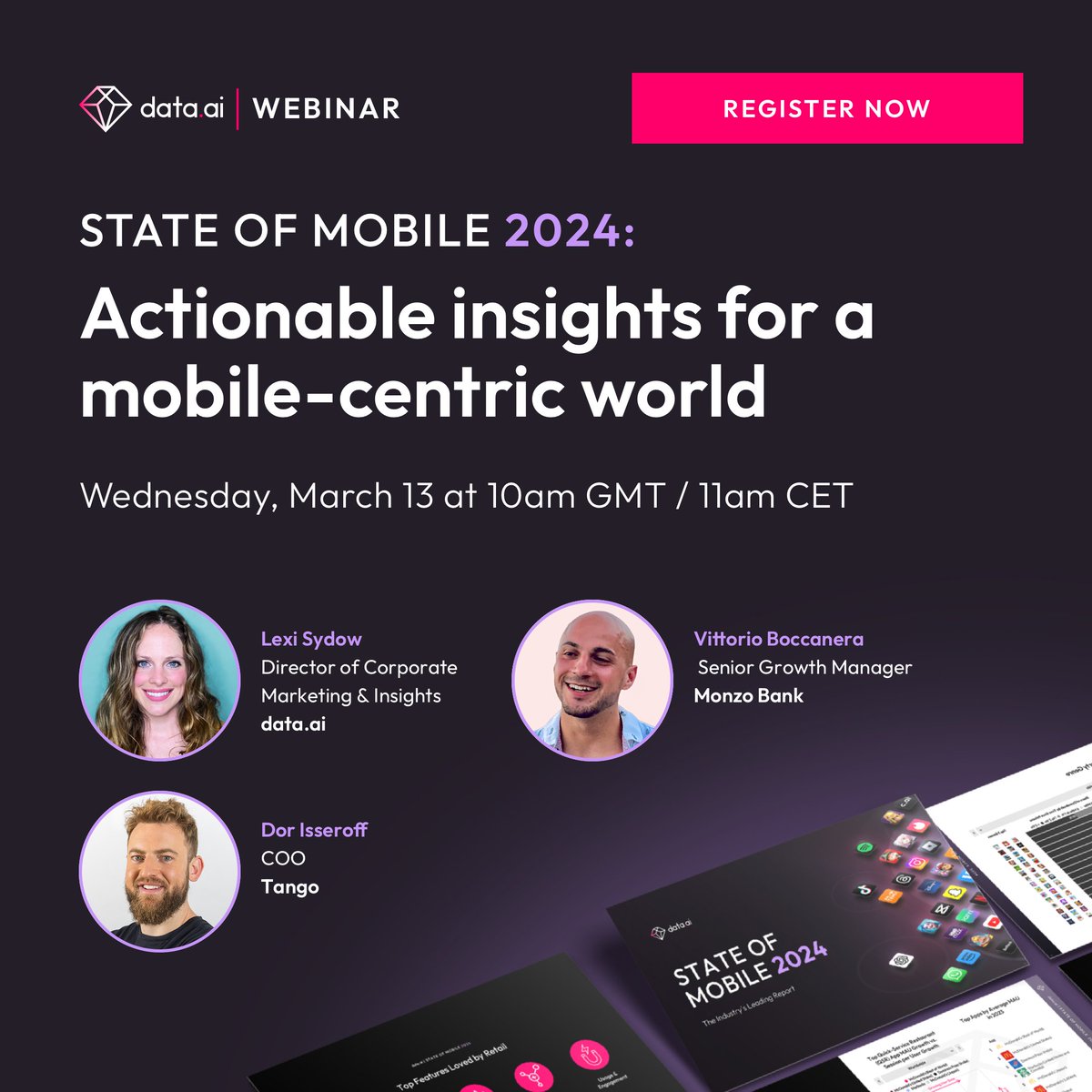 Last chance to register for the State of Mobile 2024 Webinar. March 13, at 10 am GMT / 11 am CET Hear from @lexisydow from data.ai, Dor Issoroff (Tango), Vittorio Boccanera (Monzo) as they uncover mobile industry trends, insights, and emerging categories…