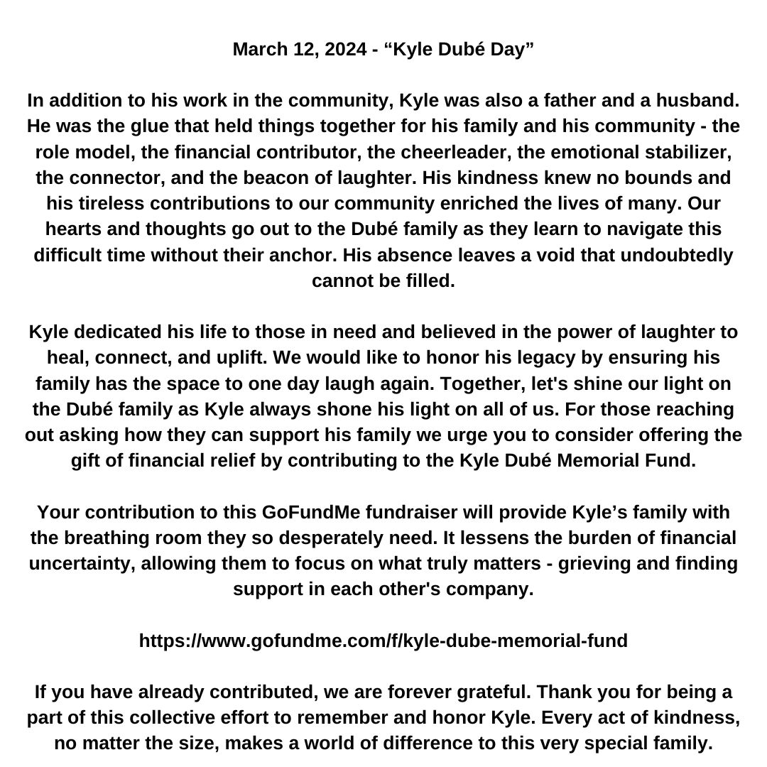 Our organization is proud to share that today, March 12, 2024 has been officially declared as “ <a href="/KyleDube/">Kyle Dubé</a> Day” in the <a href="/CityofEdmonton/">City of Edmonton</a> to honour Kyle’s legacy as a community leader who worked tirelessly to build a social support network for at-risk youth in our community. 1/8 #yeg