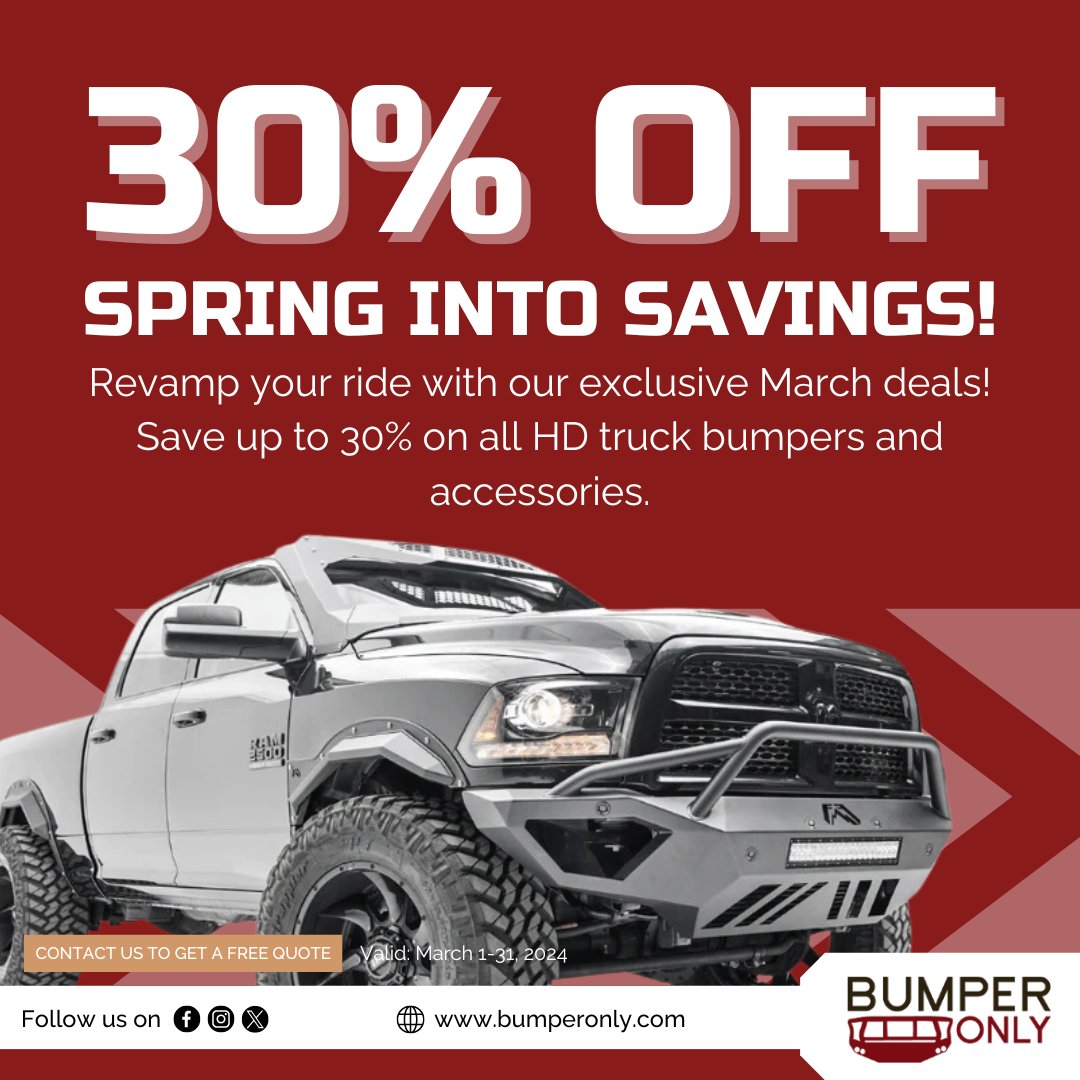 BumperOnly's tweet photo. 🌼 Don't miss out on our Spring Into Savings event! Revamp your ride with our exclusive March deals, offering discounts of up to 30% on all HD truck bumpers and accessories. 

►Contact us to get a free quote - https://t.co/KJuELRVO75
#BumperOnly #Bumpers #TruckOwners #Truck https://t.co/IQUhDnkG2U