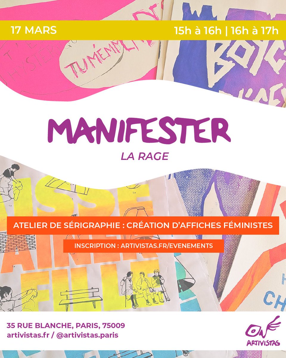 Ce dimanche, un atelier de sérigraphie pour créer des affiches féministes chez Artivistas ! Inscriptions 👉 artivistas.fr/d-tails-et-ins…