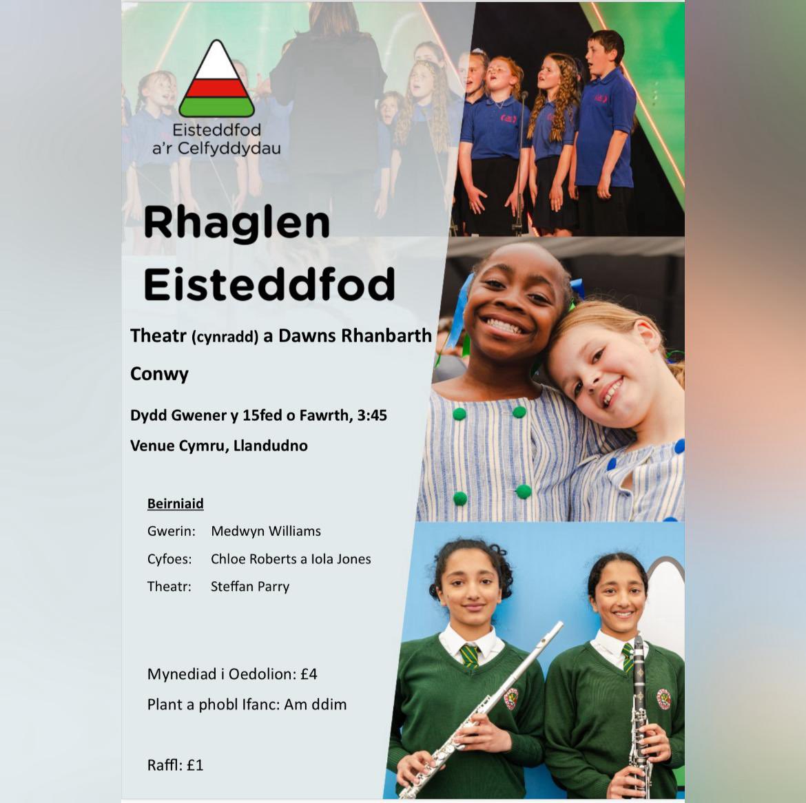 🔴⚪️🟢Eisteddfod Theatr(cynradd) a Dawns Rhanbarth Conwy🔴⚪️🟢 📅Dydd Gwener yr 15fed o Fawrth | Friday the 15th of March 📍Venue Cymru, Llandudno ⌚️Eisteddfod yn cychwyn am 3:45 | Eisteddfod will start at 3:45 ⭐️Pob Lwc / Good Luck⭐️