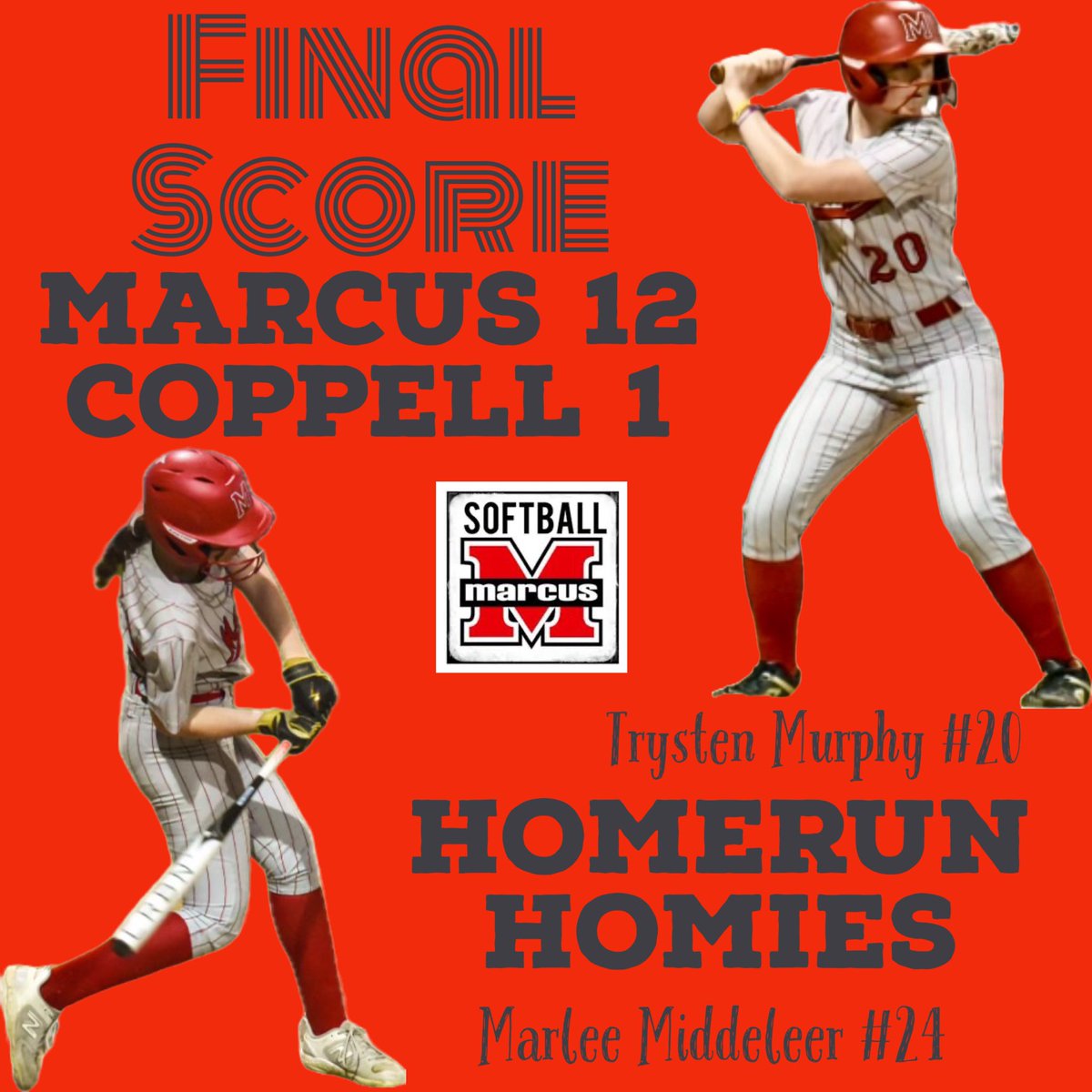 marcus_softball's tweet photo. Marcus Lady Marauders took the field last night defeating Coppell 12-1. 
Homerun Homies Marlee Middeleer and Trysten Murphy both with homeruns over CF last night! 
Let’s go!!!

@Marcus_HS @MarcusRedNation @MHS9th @ctgdentoncounty @ihss_dfw https://t.co/7GEOkPuQR5