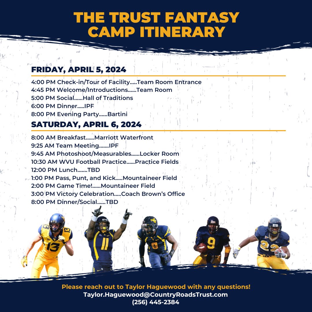 Check out what the action-packed weekend at The Trust Fantasy Camp entails! From facility tours to team meetings and games on Mountaineer Field, our attendees will truly get the game day experience with Mountaineer legends and current players 🏈 Entry for the camp is $4,500 and…