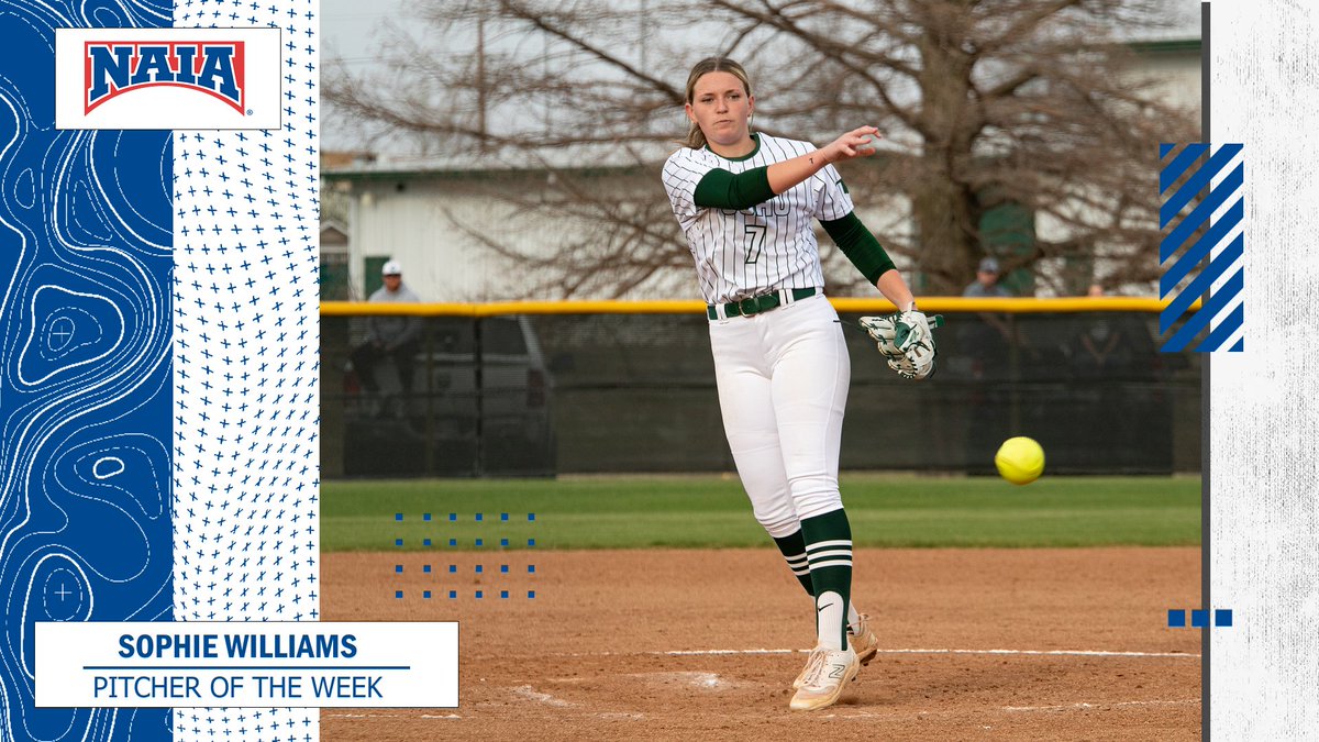NAIA's tweet image. 🥎
Sophie Williams of @DroverAthletics picks up #NAIASoftball pitcher of the week honors after striking out 23 batters over two games!

Check out more on the big week in the circle for Williams --&amp;gt;bit.ly/3wSGYF1

#collegesoftball