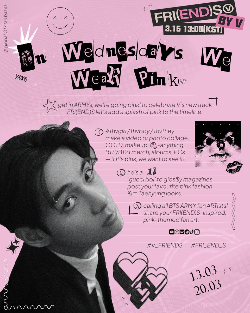 bts_unitedindia's tweet photo. 🗓 On March 13, he asked me what day it was- It’s March 13!!!

💪 Join us all day and party in pink!💝

📢 FRI(END)S is out March 15 ✨
#V_FRIENDS #FRI_END_S https://t.co/4gTUxiE4Ud