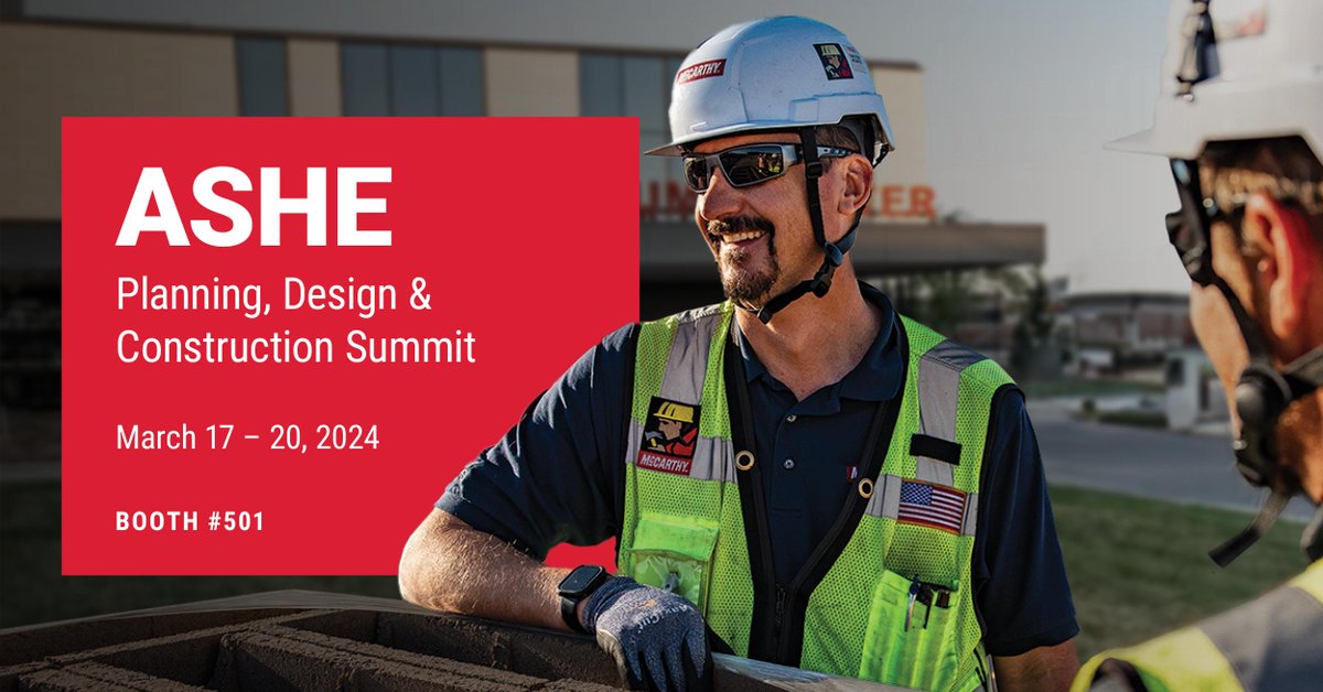 lauramickelson's tweet photo. Learn how better patient care starts with a better building experience by visiting with #HealthcareConstruction experts from @McCarthyBuild in Booth 501 at the @ASHEAHA #PDCSummit in San Diego > https://t.co/BB1zSUCI7t https://t.co/AAoWOI5m6n